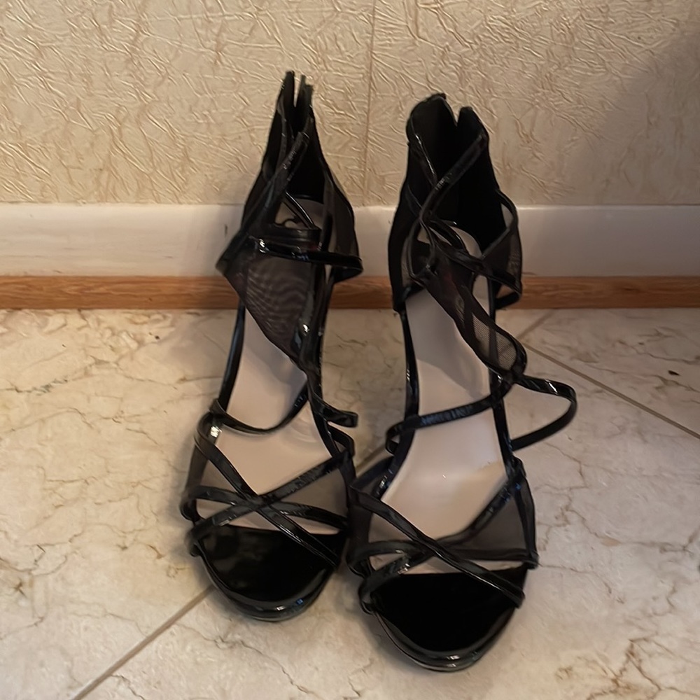 Gently Used Black Mesh Strappy Heels